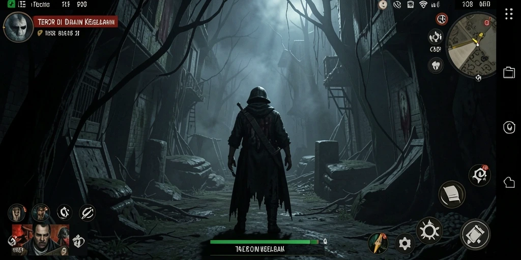 Screenshot gameplay FO8 menampilkan ketegangan dan kegelapan yang menghantui.