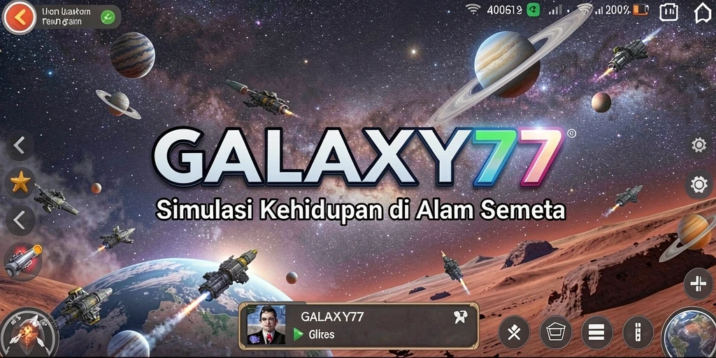 Screenshot gameplay GALAXY77 yang menampilkan eksplorasi luar angkasa.