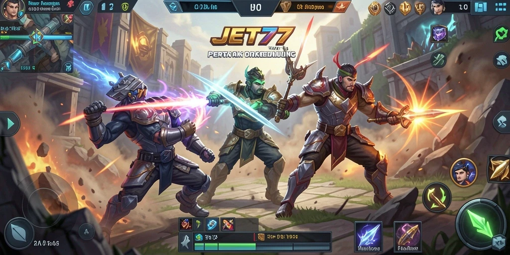 Tangkapan layar JET77 menunjukkan aksi seru dalam permainan MOBA.