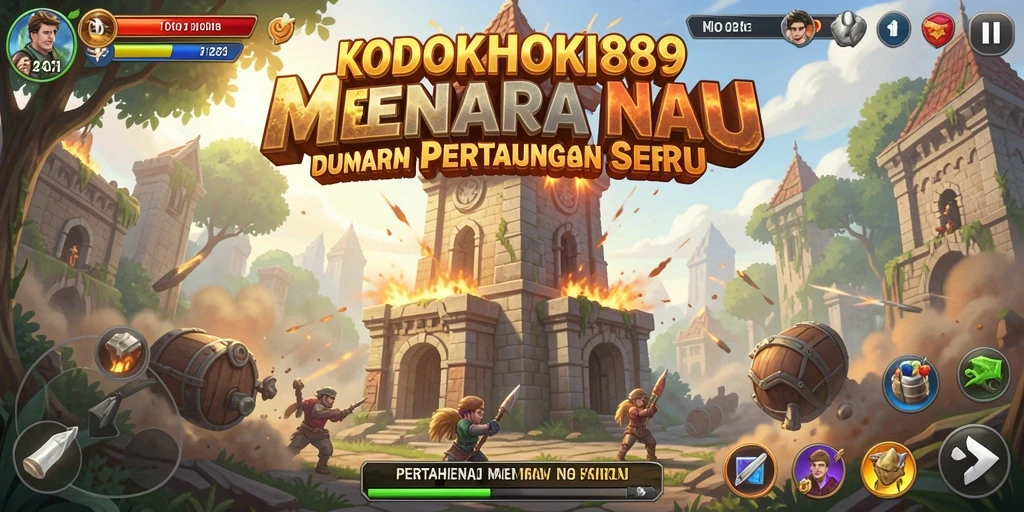 Tampilan gameplay KODOKHOKI889 dengan menara beraksi melawan gelombang musuh.