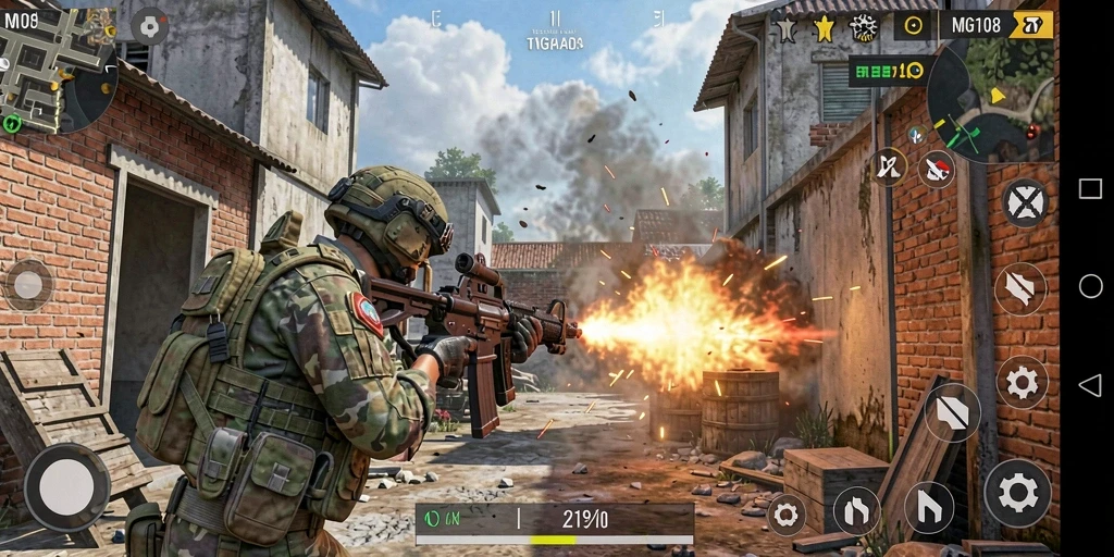 Screenshot dari gameplay MG108 yang penuh aksi FPS.