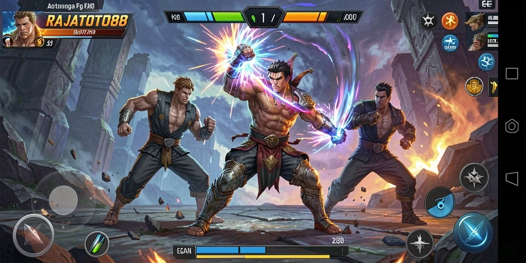Screenshot gameplay RAJATOTO88 menampilkan serangan menakjubkan dan aksi pertarungan yang intens.