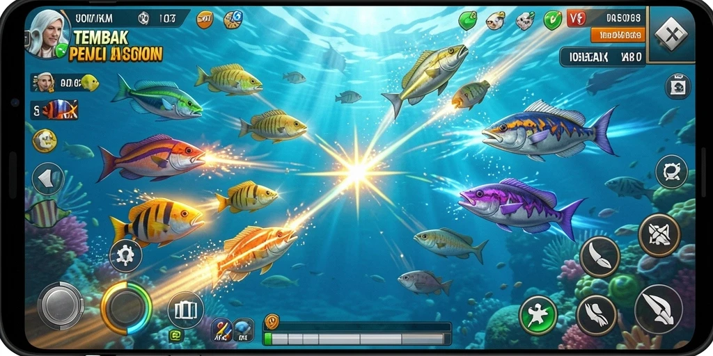 Screenshot gameplay V87 menampilkan aksi menembak ikan yang seru.